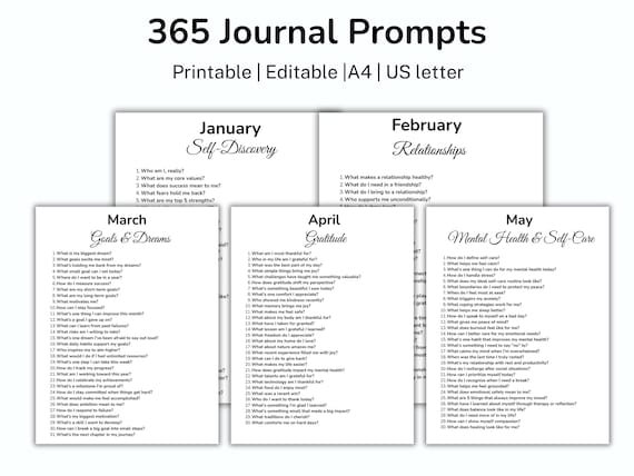 365 Journal Prompts, Self-Discovery and Mindfulness, Reflection And Wellness Prompts, Mental Health, Gratitude, Journal, Printable