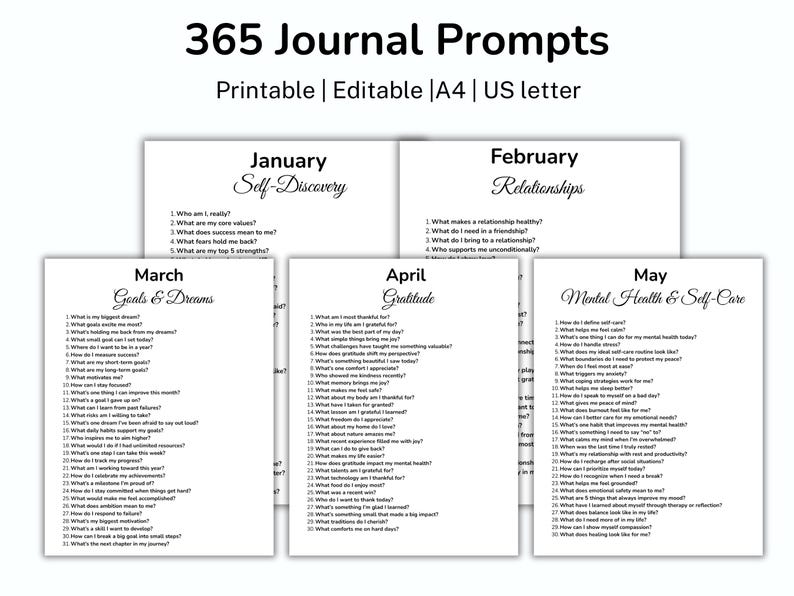 May include: A set of printable journal prompts for self-reflection, relationships, goals, gratitude, and mental health. The prompts are organized by month and include topics like self-discovery, relationships, goals, gratitude, and self-care. The text reads "365 Journal Prompts" and "Printable | Editable | A4 | US letter."