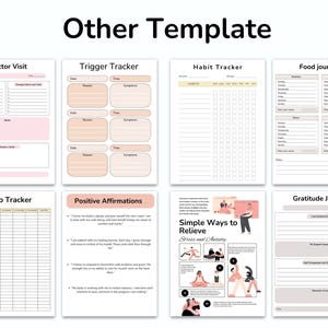 May include: A printable set of planner pages with different templates for tracking habits, food, sleep, triggers, doctor visits, positive affirmations, and gratitude. The pages are in black and white with a pink and peach color scheme.