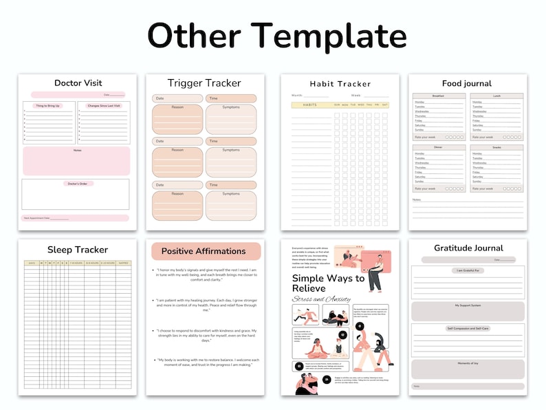 May include: A printable set of planner pages with different templates for tracking habits, food, sleep, triggers, doctor visits, positive affirmations, and gratitude. The pages are in black and white with a pink and peach color scheme.