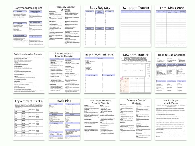 May include: A collection of printable checklists and trackers for pregnancy and baby care. Includes lists for packing, registry, symptoms, and newborn care. Also features a birth plan and questions for the midwife or doctor.