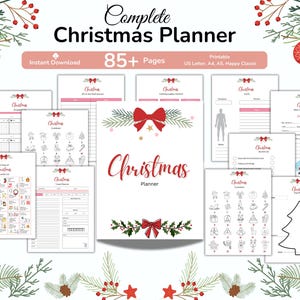 May include: A complete Christmas planner with 85+ pages, featuring a red bow and the word "Christmas" in a decorative font. The planner includes printable pages for US Letter, A4, A5, and Happy Classic sizes, with various templates and checklists.