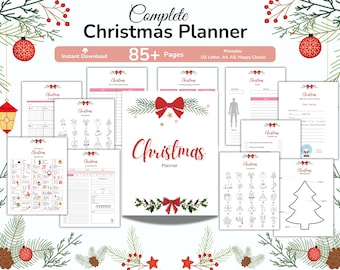 May include: A complete Christmas planner with 85+ pages, featuring a red bow and the word "Christmas" in a decorative font. The planner includes printable pages for US Letter, A4, A5, and Happy Classic sizes, with various templates and checklists.