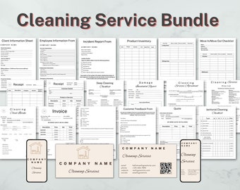 Può includere: Un set di moduli e modelli di servizio di pulizia stampabili. I moduli includono una scheda informativa del cliente, un modulo di informazioni sui dipendenti, un modulo di segnalazione degli incidenti, un inventario dei prodotti, un elenco di controllo di entrata/uscita, una ricevuta, una fattura, un elenco di controllo di pulizia profonda, un rapporto di incidente di danno, un accordo di servizio di pulizia, un listino prezzi di servizio di pulizia, un modulo di feedback del cliente, un preventivo, un elenco di controllo di pulizia del personale e biglietti da visita. I moduli sono in bianco e nero e hanno un design semplice.