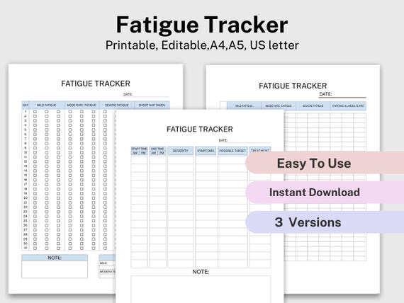 Monthly chronic Fatigue Tracker Printable, Energy Tracker, Energy Levels Graph, Track Daily Fatigue Severity, Health Tracker, Health planner