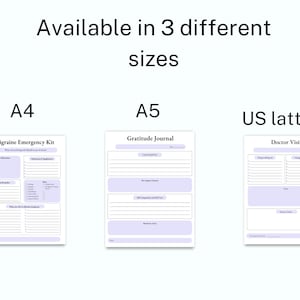 May include: Three printable PDF templates for a migraine emergency kit, gratitude journal, and doctor visit. The templates are available in three sizes: A4, A5, and US letter.
