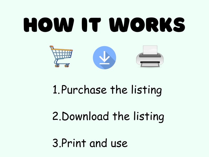 Puede incluir: Un gr&aacute;fico que muestra c&oacute;mo comprar, descargar e imprimir una lista digital. El gr&aacute;fico muestra un carrito de compras, un icono de descarga y una impresora.