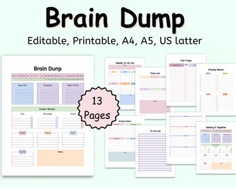 PRINTABLE  Brain Dump Template, Thoughts Organizer, Brain Dump Journal, ADHD Brain Dump, Priority Matrix, Work Day Planner, Daily Task List