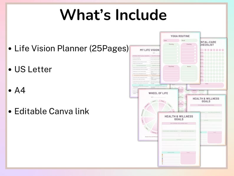 Puede incluir: Un planificador digital con un esquema de color rosa pastel y verde. El planificador incluye un planificador de visi&oacute;n de vida, una rutina de yoga, una lista de verificaci&oacute;n de atenci&oacute;n mental, una rueda de la vida y objetivos de salud y bienestar. El planificador est&aacute; disponible en tama&ntilde;os US Letter y A4 e incluye un enlace Canva editable.