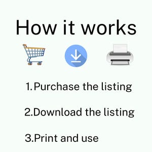 May include: A diagram showing how to purchase, download, and print a digital listing. The diagram shows a shopping cart, a download arrow, and a printer.