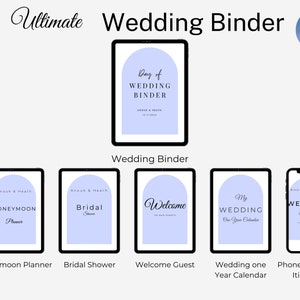 May include: A digital illustration of a wedding binder with a light blue background and the text "Day of Wedding Binder". The illustration shows different sections of the binder, including a honeymoon planner, bridal shower, welcome guest, wedding one year calendar, and phone wedding itinerary.