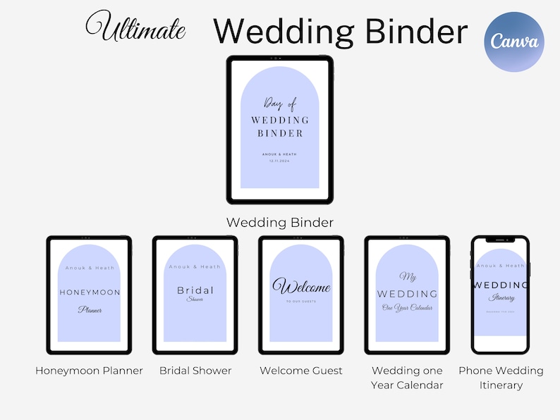 May include: A digital illustration of a wedding binder with a light blue background and the text "Day of Wedding Binder". The illustration shows different sections of the binder, including a honeymoon planner, bridal shower, welcome guest, wedding one year calendar, and phone wedding itinerary.