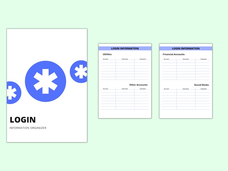 May include: A printable login information organizer with a blue background and a white star of life symbol. The organizer is divided into sections for utilities, financial accounts, other accounts, and social media. Each section has columns for account, username, and password.