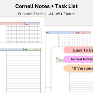 Pakiet Cornell Notes Printable Bundle Pack, Metoda Cornell Notes, Robienie notatek przez studentów, Robienie notatek z wykładów, Siatka kropkowana, Szablon Cornell Notes