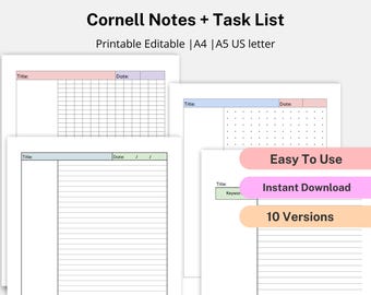 Cornell Notes Printable Bundle Pack, Cornell Notes Method, Student Note-Taking, Lecture Notes Taking, Dot Grid Lined, Cornell Notes Template