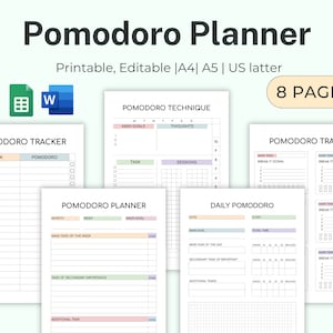 POMODORO Planer, bearbeitbarer Produktivitätsplaner A4, A5 PDF, Studentenprojektplaner, druckbare Aufgabenliste, tägliche Pomodoro-Zeit- und Aufgabenverfolgung