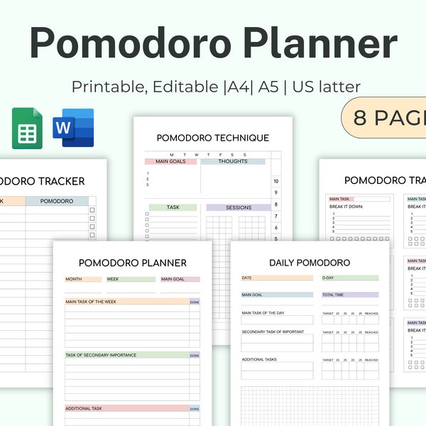 Agenda POMODORO, agenda de productivité modifiable au format PDF A4, A5, agenda de projet étudiant, liste des tâches à imprimer, outil de suivi du temps et des tâches Pomodoro quotidien