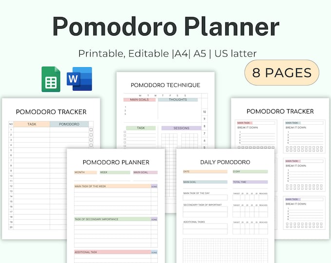 Editable POMODORO Planner, Productivity Planner Pages, Student Project ...