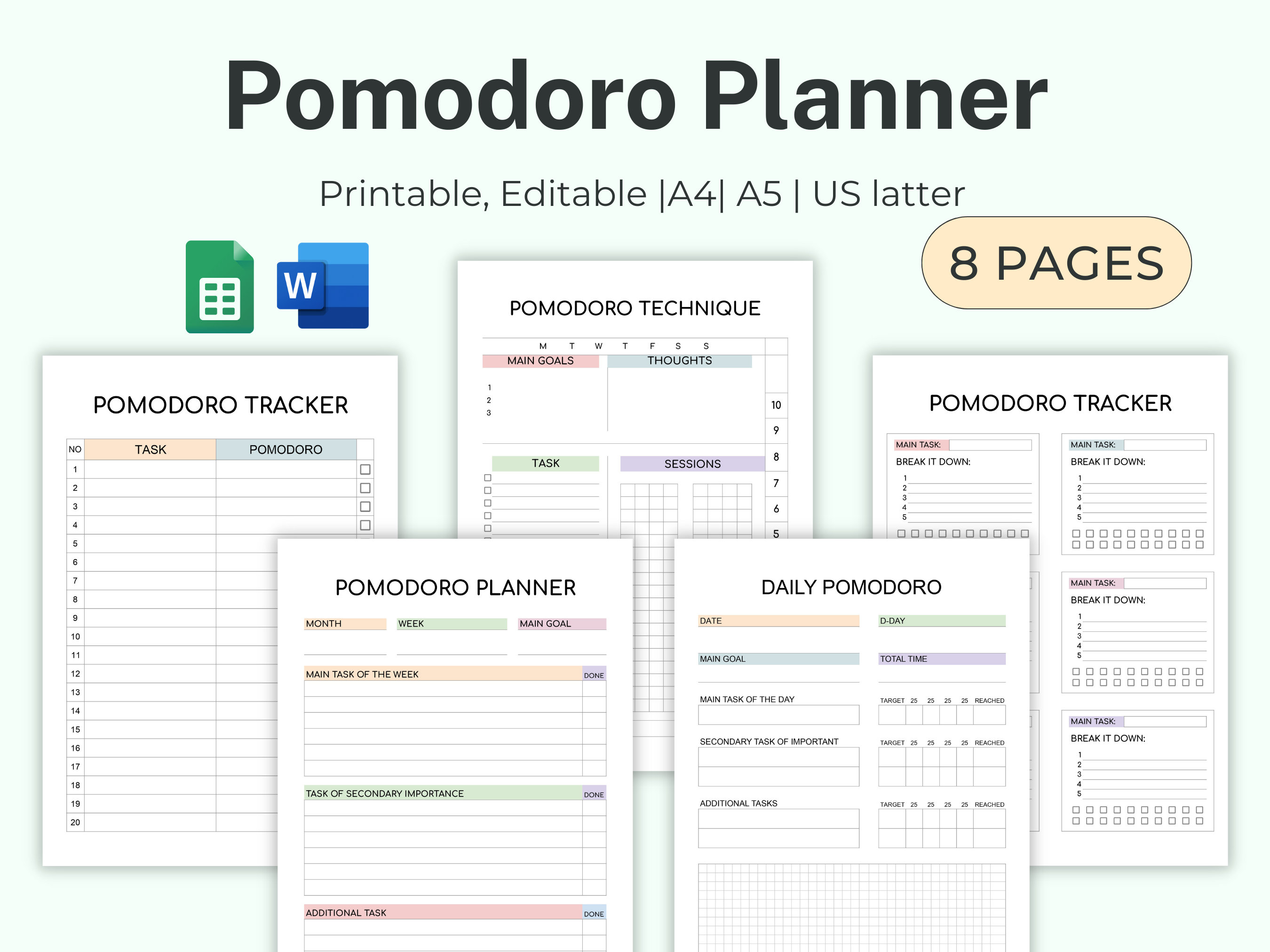 POMODORO Planner, Editable Productivity Planner A4,A5 PDF, Student Project Planner, Printable To Do List, Daily Pomodoro Time & Task Tracker