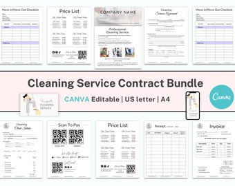 May include: A collection of printable cleaning service templates, including checklists, price lists, agreements, and invoices. The bundle features a pink and white design with the text "Cleaning Service Contract Bundle". The templates are editable in Canva.