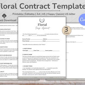 Floral Contract Template, Wedding Florist, Vendor Contract, Wedding Event Forms, Florist Business, Florist Order Form, Service Agreement