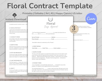 May include: A floral design agreement template with the text "Floral Contract Template" at the top. The template is available in A4, A5, Happy Classic, and US letter sizes. The image includes the text "Instant Download" and "Canva".
