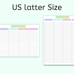 K&ouml;nnte beinhalten: Zwei wei&szlig;e Checklisten im US-Letter-Format mit horizontalen Linien und Kontrollk&auml;stchen. Jede hat oben einen farbigen Abschnitt in Blau, Gr&uuml;n, Orange und Rosa. Der Text "US letter Size" steht oben.