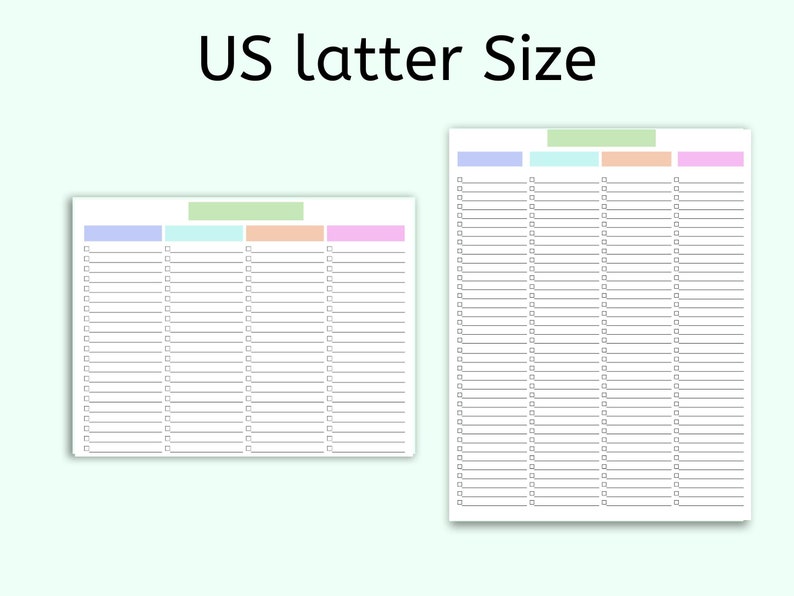 K&ouml;nnte beinhalten: Zwei wei&szlig;e Checklisten im US-Letter-Format mit horizontalen Linien und Kontrollk&auml;stchen. Jede hat oben einen farbigen Abschnitt in Blau, Gr&uuml;n, Orange und Rosa. Der Text "US letter Size" steht oben.