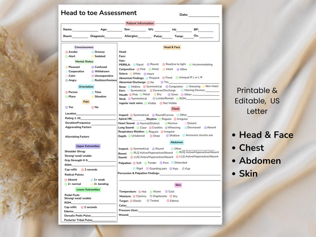 Head to Toe Assessment Template, Nurse Study Guides, Clinical Sheet ...