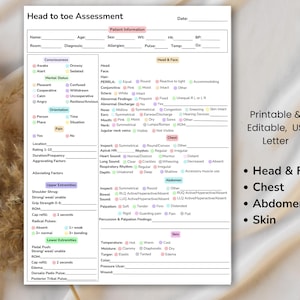 Head To Toe Assessment Template, Nurse Study Guides, Clinical Sheet, Medical Assessment, Nursing Study Notes, Patient Information, Printable