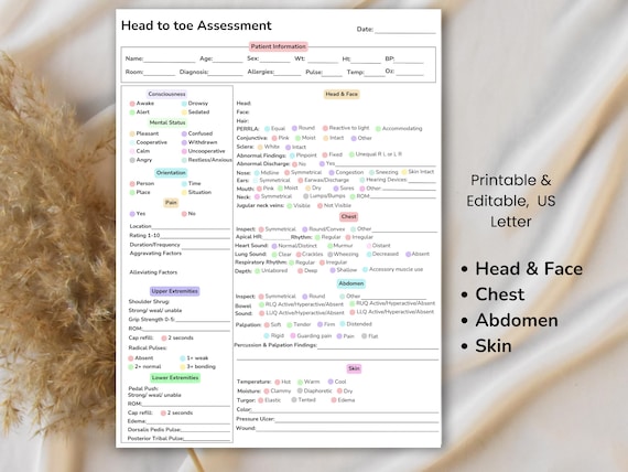 Head To Toe Assessment Template, Nurse Study Guides, Clinical Sheet, Medical Assessment, Nursing Study Notes, Patient Information, Printable
