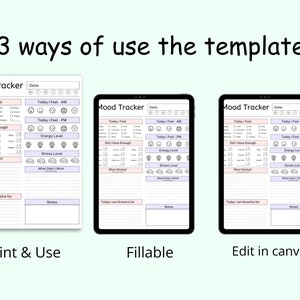 May include: Three different ways to use a printable mood tracker template. The template is shown in three formats: print and use, fillable, and edit in Canva. The template includes sections for tracking daily mood, energy levels, stress levels, what worked, what didn't work, and gratitude.