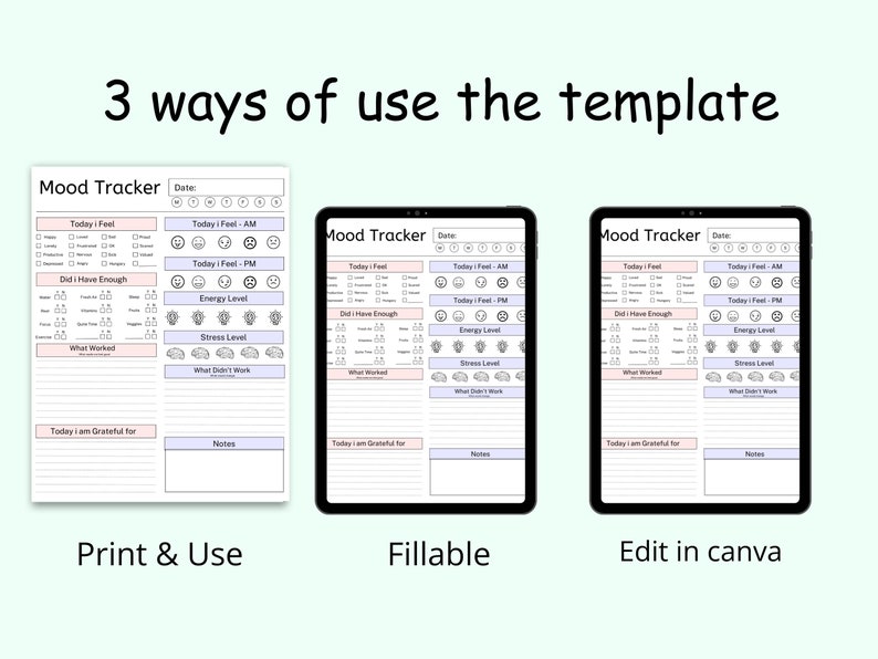 May include: Three different ways to use a printable mood tracker template. The template is shown in three formats: print and use, fillable, and edit in Canva. The template includes sections for tracking daily mood, energy levels, stress levels, what worked, what didn't work, and gratitude.