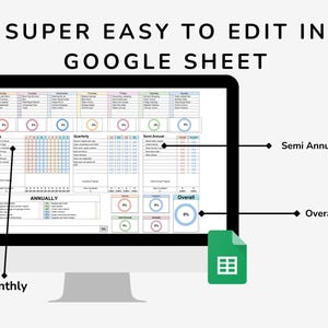 May include: A computer screen displaying a Google Sheet with a colorful progress tracker. The tracker includes sections for weekly, monthly, quarterly, semi-annual, and annual progress. The sheet is labeled "SUPER EASY TO EDIT IN GOOGLE SHEET".