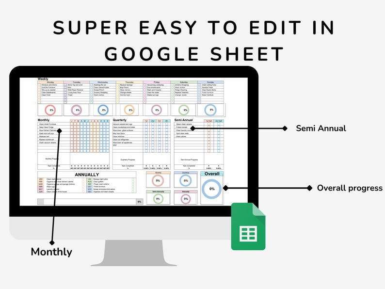 May include: A computer screen displaying a Google Sheet with a colorful progress tracker. The tracker includes sections for weekly, monthly, quarterly, semi-annual, and annual progress. The sheet is labeled "SUPER EASY TO EDIT IN GOOGLE SHEET".