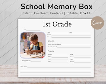 School Memory Box Templates, Kids Memory Box, Milestone Memory Box, School Year Keepsake, All About Me, Kids Questionnaire, Grads Template
