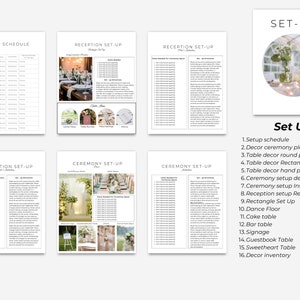 May include: A printable wedding checklist with a black and white design. The checklist includes a setup schedule, reception setup, and ceremony setup. The checklist also includes a list of items to be included in the wedding decor inventory.