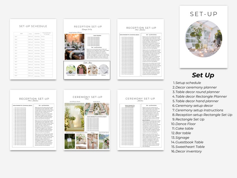 May include: A printable wedding checklist with a black and white design. The checklist includes a setup schedule, reception setup, and ceremony setup. The checklist also includes a list of items to be included in the wedding decor inventory.