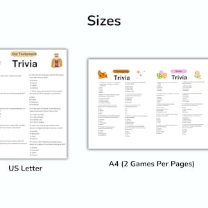 Puede incluir: Dos juegos de trivia imprimibles: "Old Testament Trivia" en tama&ntilde;o US Letter y dos juegos por p&aacute;gina en tama&ntilde;o A4, incluyendo "Thanksgiving Trivia" y "Easter Trivia". Cada juego presenta preguntas de opci&oacute;n m&uacute;ltiple.