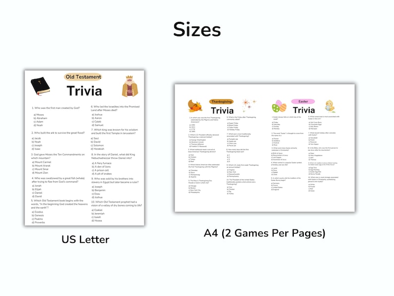 Puede incluir: Dos juegos de trivia imprimibles: "Old Testament Trivia" en tama&ntilde;o US Letter y dos juegos por p&aacute;gina en tama&ntilde;o A4, incluyendo "Thanksgiving Trivia" y "Easter Trivia". Cada juego presenta preguntas de opci&oacute;n m&uacute;ltiple.