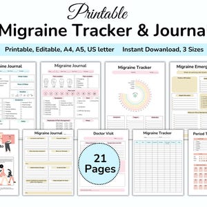 Migraine tracker, Headache Journal, Headache Log, Medical Planner, Chronic Illness, Symptom Tracker, Headache Diary, Pain Tracker, Printable