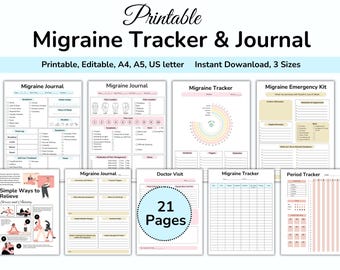 Migraine tracker, Headache Journal, Headache Log, Medical Planner, Chronic Illness, Symptom Tracker, Headache Diary, Pain Tracker, Printable
