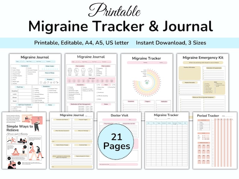 May include: Printable migraine tracker and journal with 21 pages. The pages are organized into sections for tracking migraines, symptoms, triggers, medications, and more. The journal also includes a section for simple ways to relieve stress and anxiety.