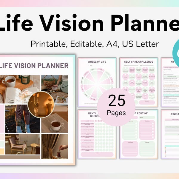 Life Vision Planner Afdrukbare, bewerkbare planner voor levensdoelen, pdf-planning voor nieuwjaarsdoelen, zelfzorgplan, droommanifestatie, doelentracker