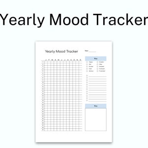 May include: A black and white printable yearly mood tracker with a key to track different moods, including happy, sad, excited, calm, anxious, stressed, confused, and frustrated.
