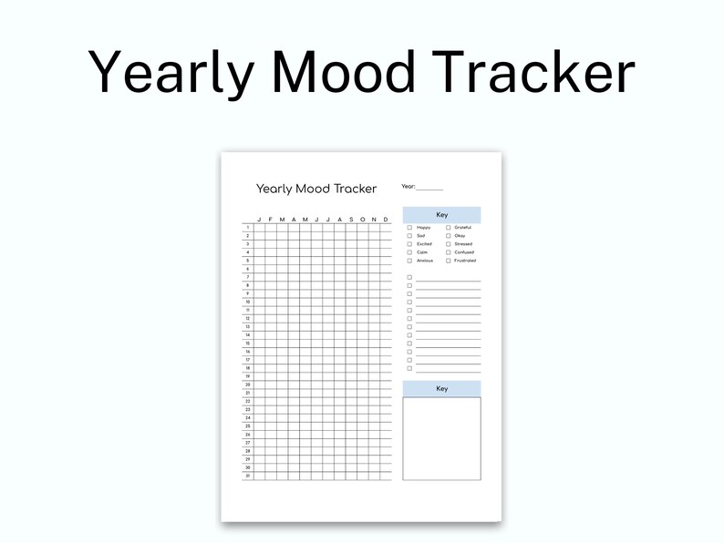 May include: A black and white printable yearly mood tracker with a key to track different moods, including happy, sad, excited, calm, anxious, stressed, confused, and frustrated.