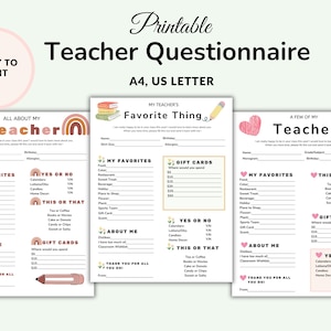 All About My Teacher, Get To Know Your Teacher, Teacher Questionnaire, Teacher&#39;s Favorite Things, Teacher Survey, Back To School Form, Canva