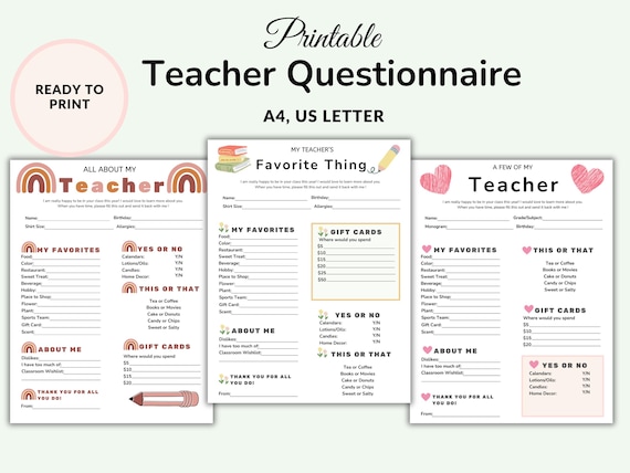 All About My Teacher, Get To Know Your Teacher, Teacher Questionnaire, Teacher's Favorite Things, Teacher Survey, Back To School Form, Canva