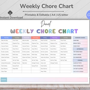 May include: A printable and editable weekly chore chart with a colorful design. The chart includes daily tasks and a section for morning, afternoon, and evening chores. The name "Daniel" is written at the top. The chart is designed for A4 and US letter sizes.