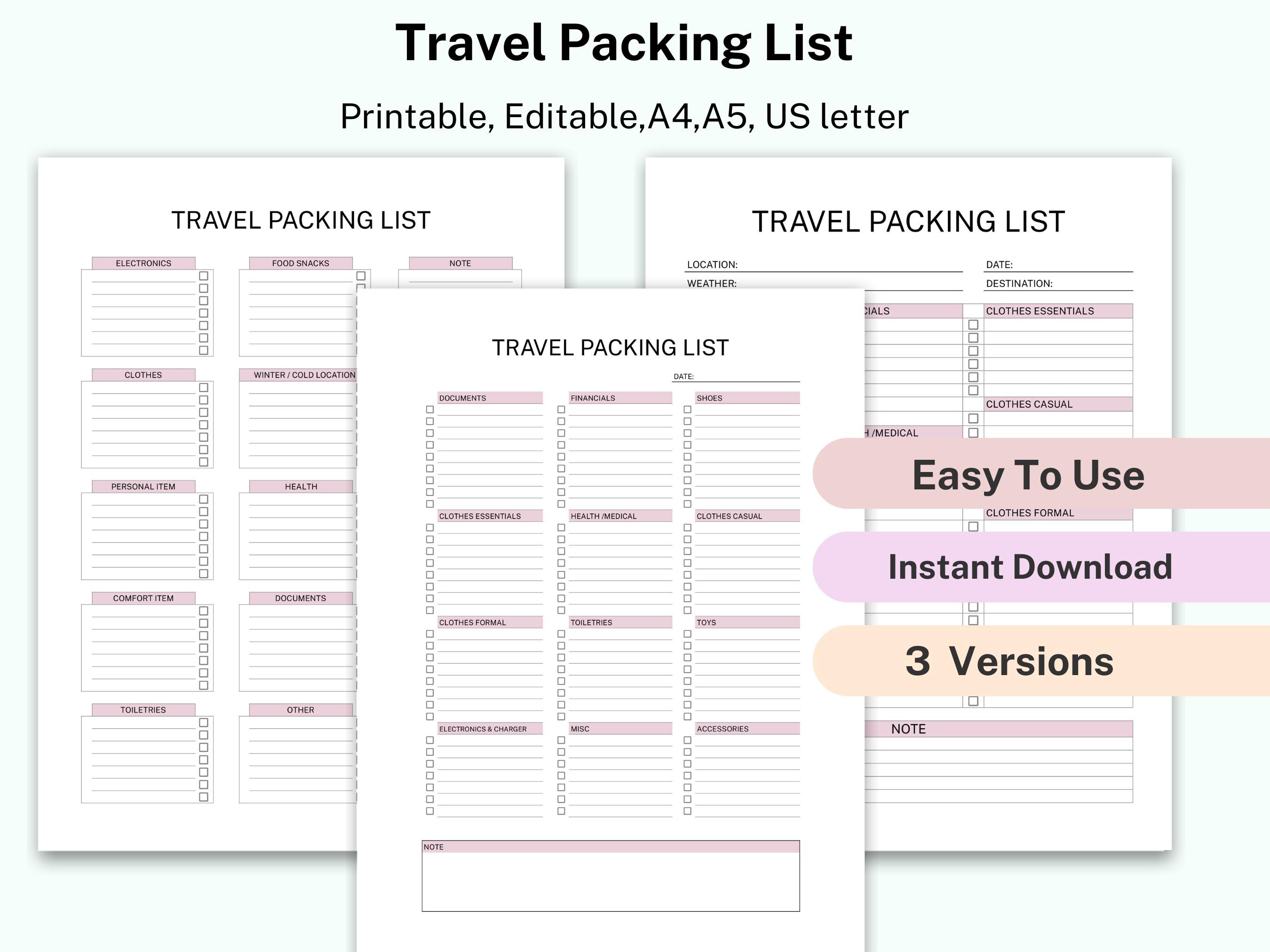 Editable Travel Packing List & Itinerary Template: Google Sheets, MS ...
